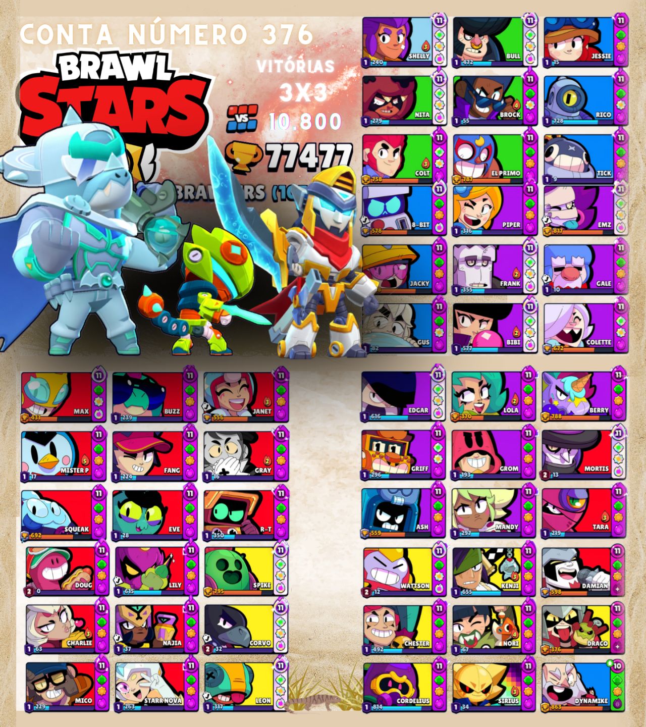 Contas de Brawl Stars Upadíssimas com vários troféus e Skins