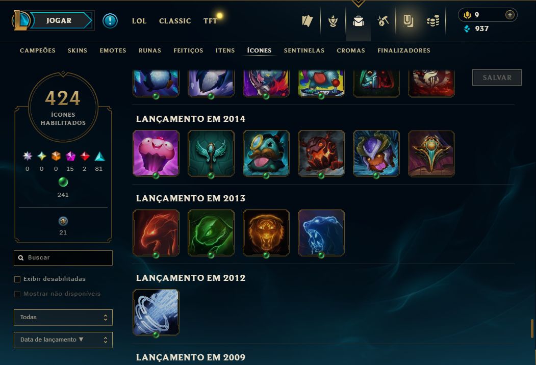 Conta Lol de 2015 / 1098 Skins / Nivel 418 / 424 Icones