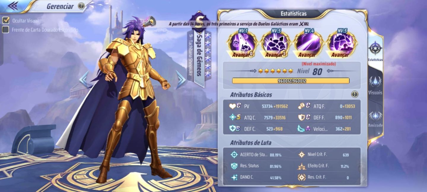 Conta saint seiya awakening lvl 70 30 livros