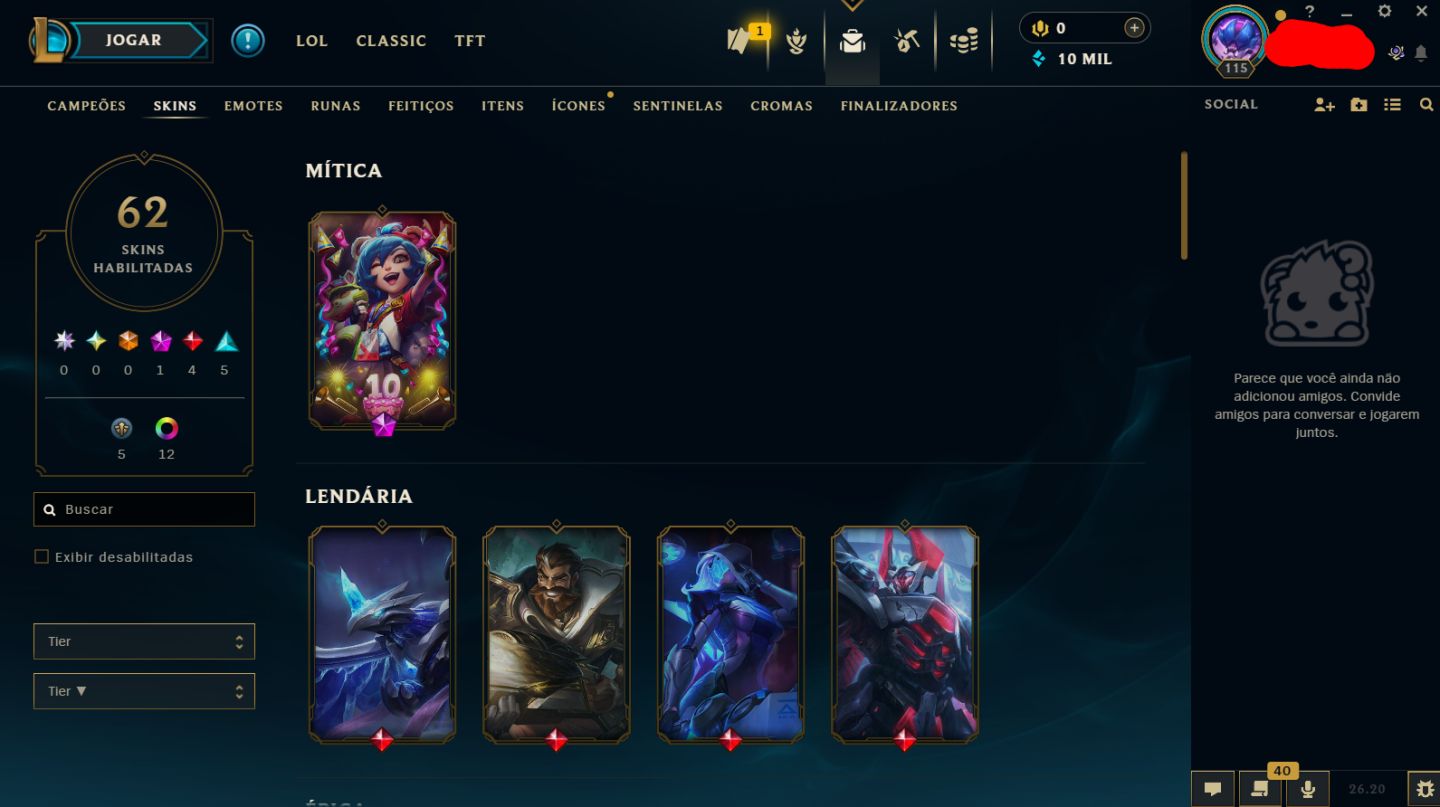 Conta Unranked, full acesso, 76 campeões, 20 skins, 4 lendárias, 3 vitoriosas