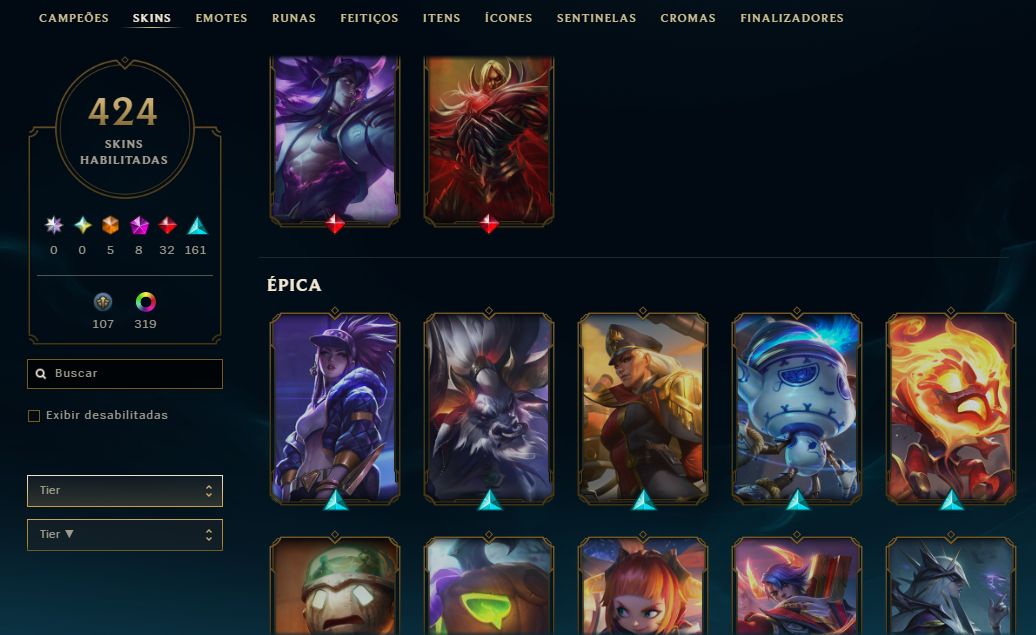Conta lol main sup peel 400+ skins + TFT (vava com 1 skin de loja e passes)