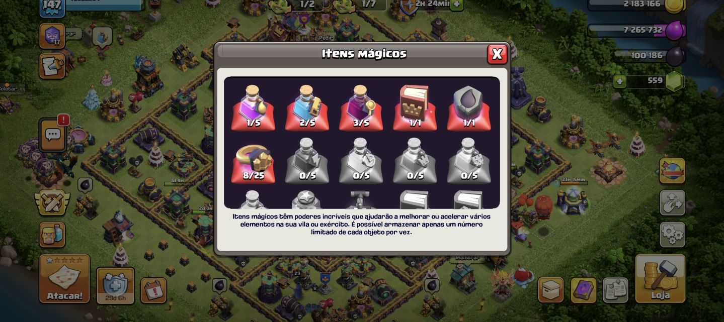 CONTA CLASH OF CLANS CV15 LV147 559 GEMAS 6 CONSTRUTOR 4 PETS MUITAS SKINS