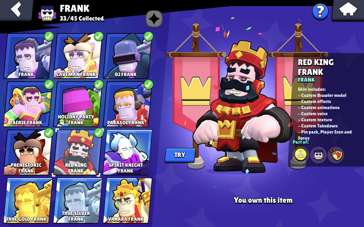 Conta Brawl stars | 89k troféus - 2019 - Skin Rei Frank vermelho + 625 skins