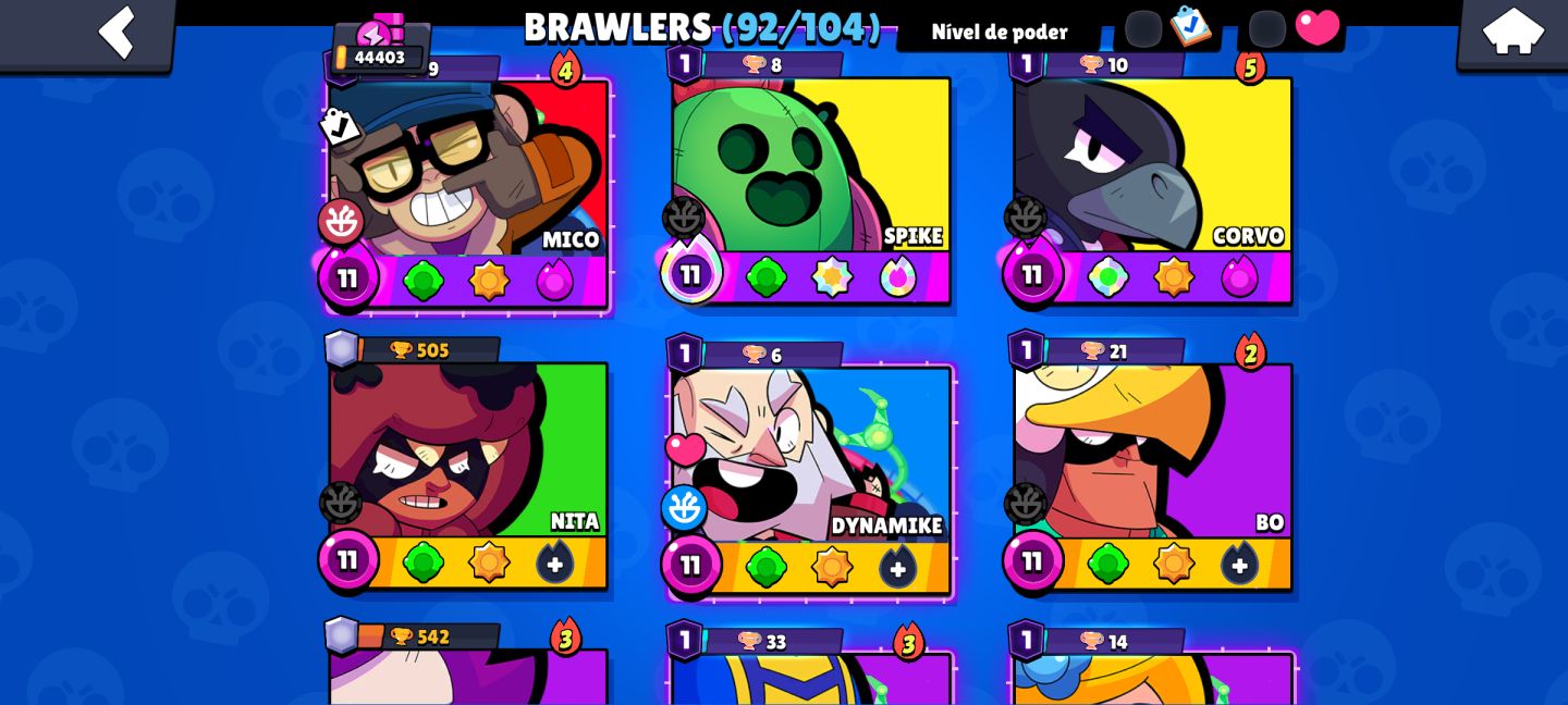 Brawl stars. 44k de troféus 92/104 brawlers 34 nível máximo. Pra sair logo