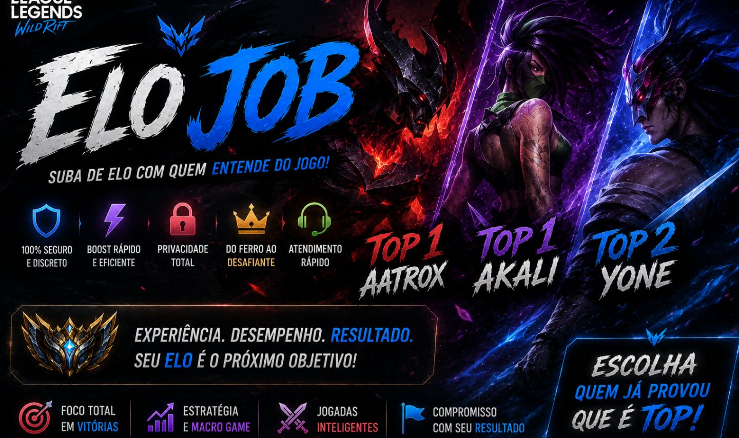 ELO JOB WILD RIFT - TOP 1 AATROX - TOP 1 AKALI - TOP 2 YONE ATÉ 7 DIAS