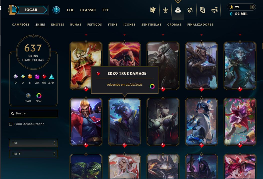 CONTA LOL PLATINA II + 637 skins(5 ultimates, 20 Miticas, 65 Lendarias,279 epic)