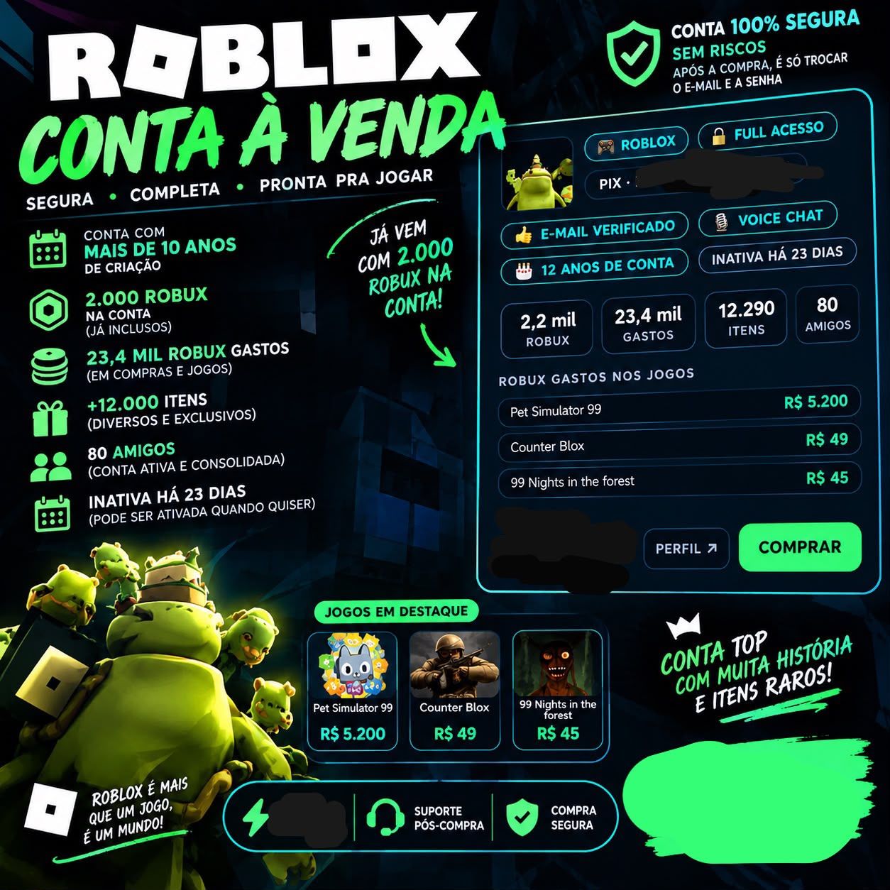Conta Roblox 12 Anos + 2.000 Robux + 12K Itens + Full Access