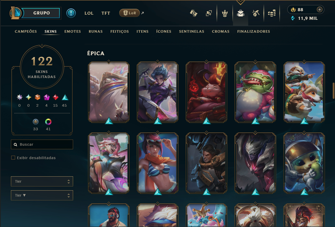 Conta Full Acesso LoL - 168 CH | 122 SKINS | HONRA 5 | TFT SKINS | 443K TK