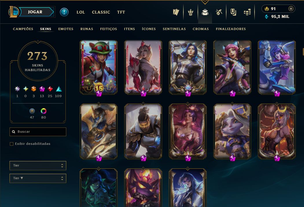 Conta com +5k gastos, 273 skins, todos campeoes. (Skins de tfte valorant tbm)