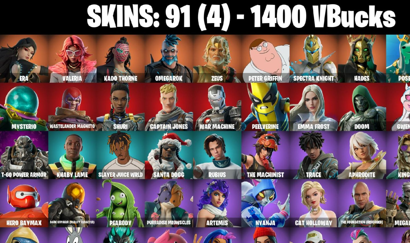 91 Skins - war machine, emma frost, doom, gwenpool, 1400 vbucks