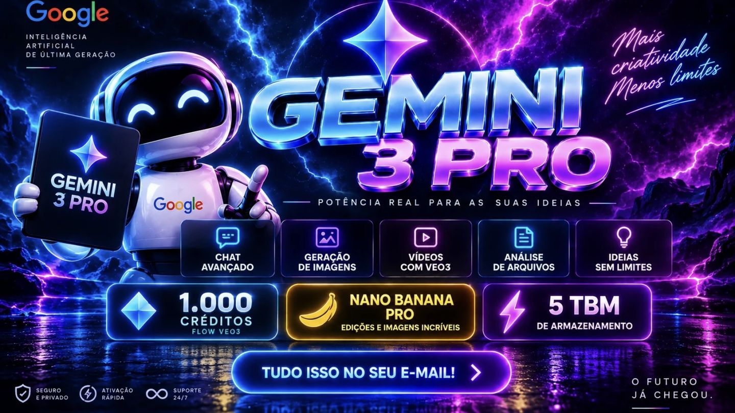 Gemini 3 Pro + 1k Créditos Flow VEO3 + Nano Banana Pro + Antigravity + 5 TB