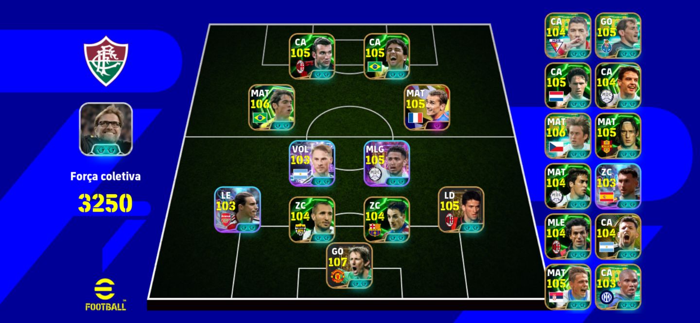 Conta top de efootball mobile com Shevchenko, Kaká e Bellingham.