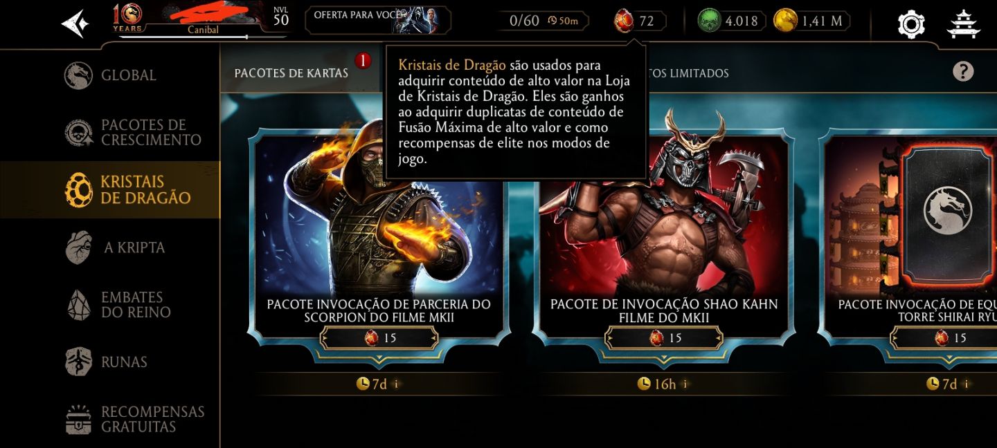 CONTA DE MK MOBILE COM 4K DE ALMAS E 8 CARTAS DIAMANTE MK11 E NIVEL 50 AVANÇADA