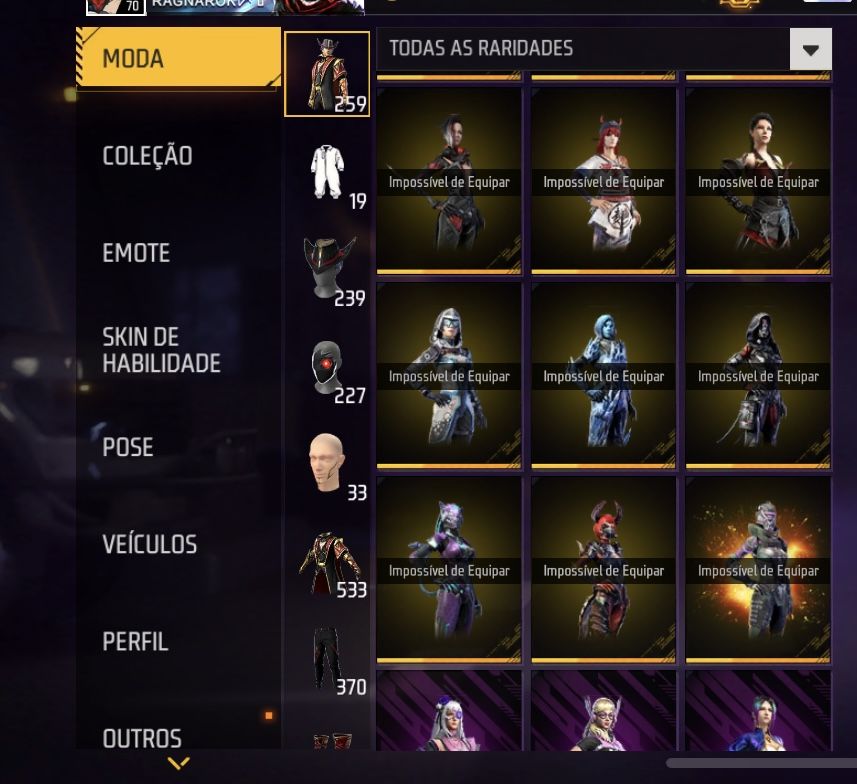 Conta Free Fira com skins de passes antigos