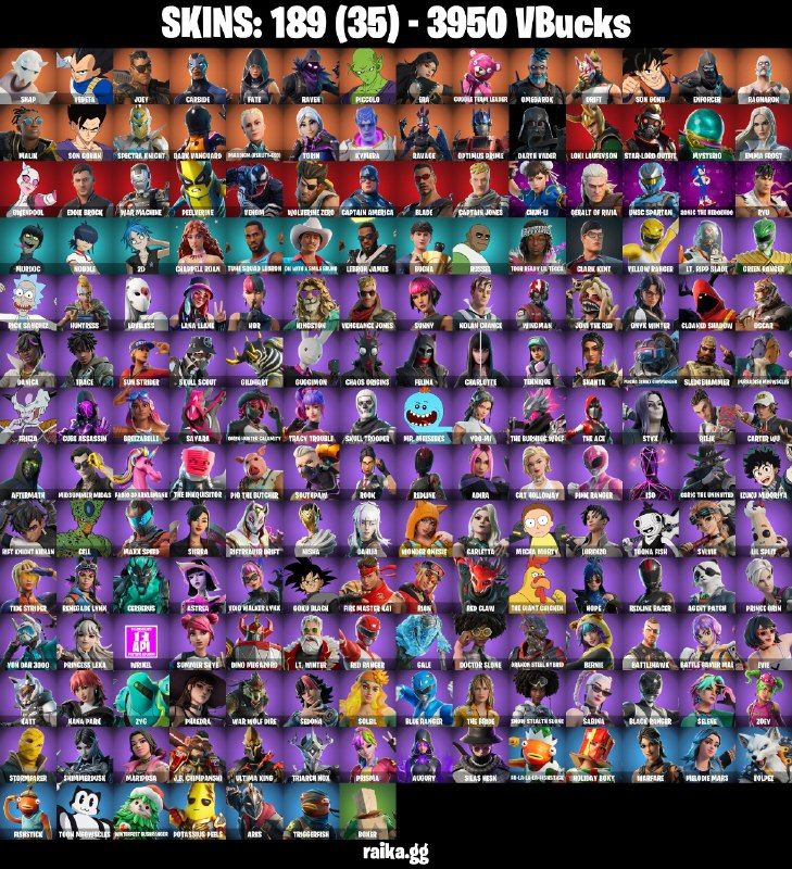 189 Skins - Carbide, Drift, Ragnarok, Darth Vader, Emma Frost, 3950 vbucks