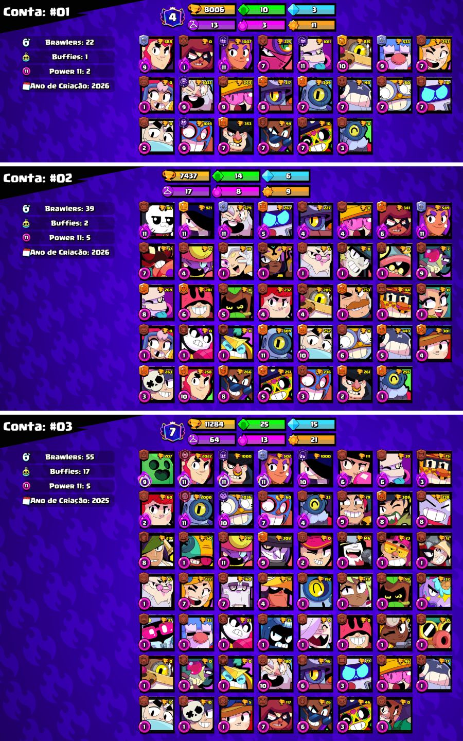 CONTAS BRAWL STARS c/LENDÁRIOS e MUITOS TROFÉUS!!