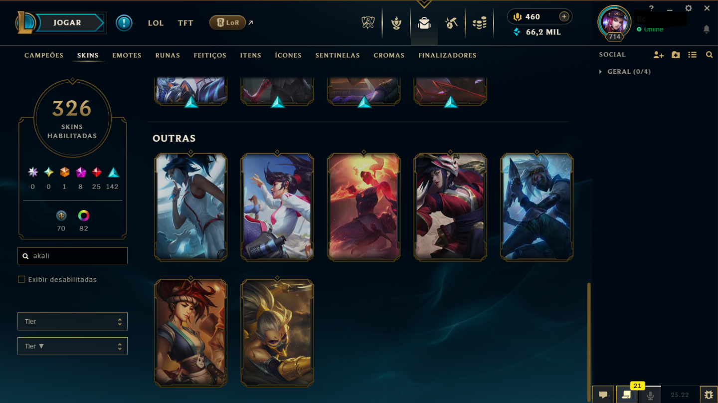 Conta LoL LvL 714, 326 skins, 428 ícones, todos os champions - League of Legends