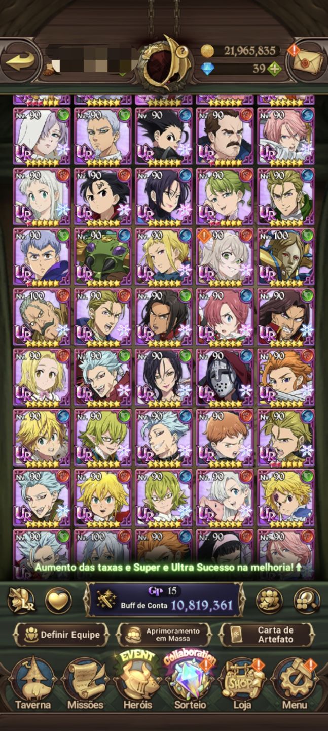 | Conta 7DS Grand Cross | Gawain, Collabs + IF's | Campeão V | 11.2M+ BOX |