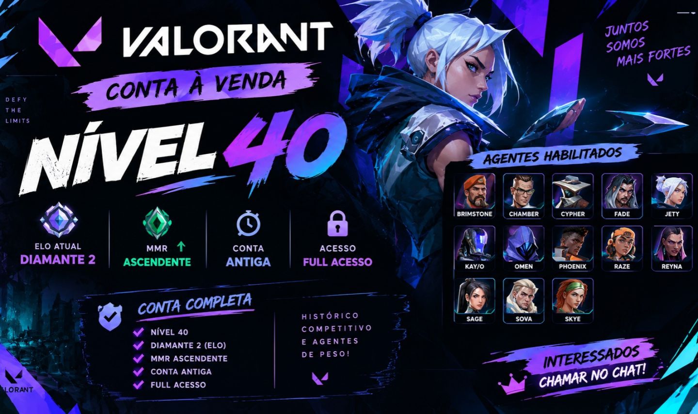 Conta VALORANT Nível 40 | Diamante 2 | MMR Ascendente | Rank Ativo | Full Acesso