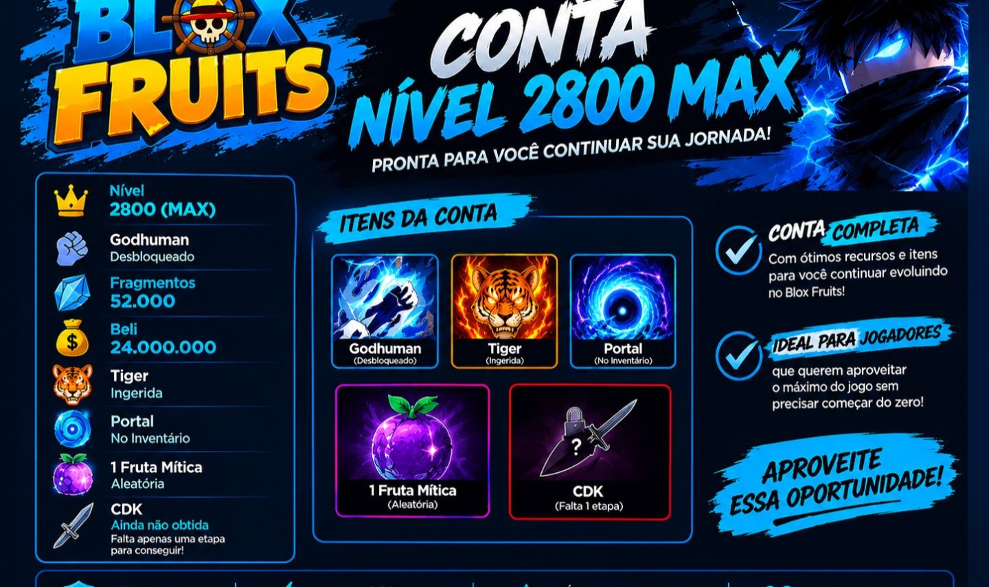 Blox Fruits Nível 2800 MAX | Godhuman, Tiger, Portal e 24M Beli