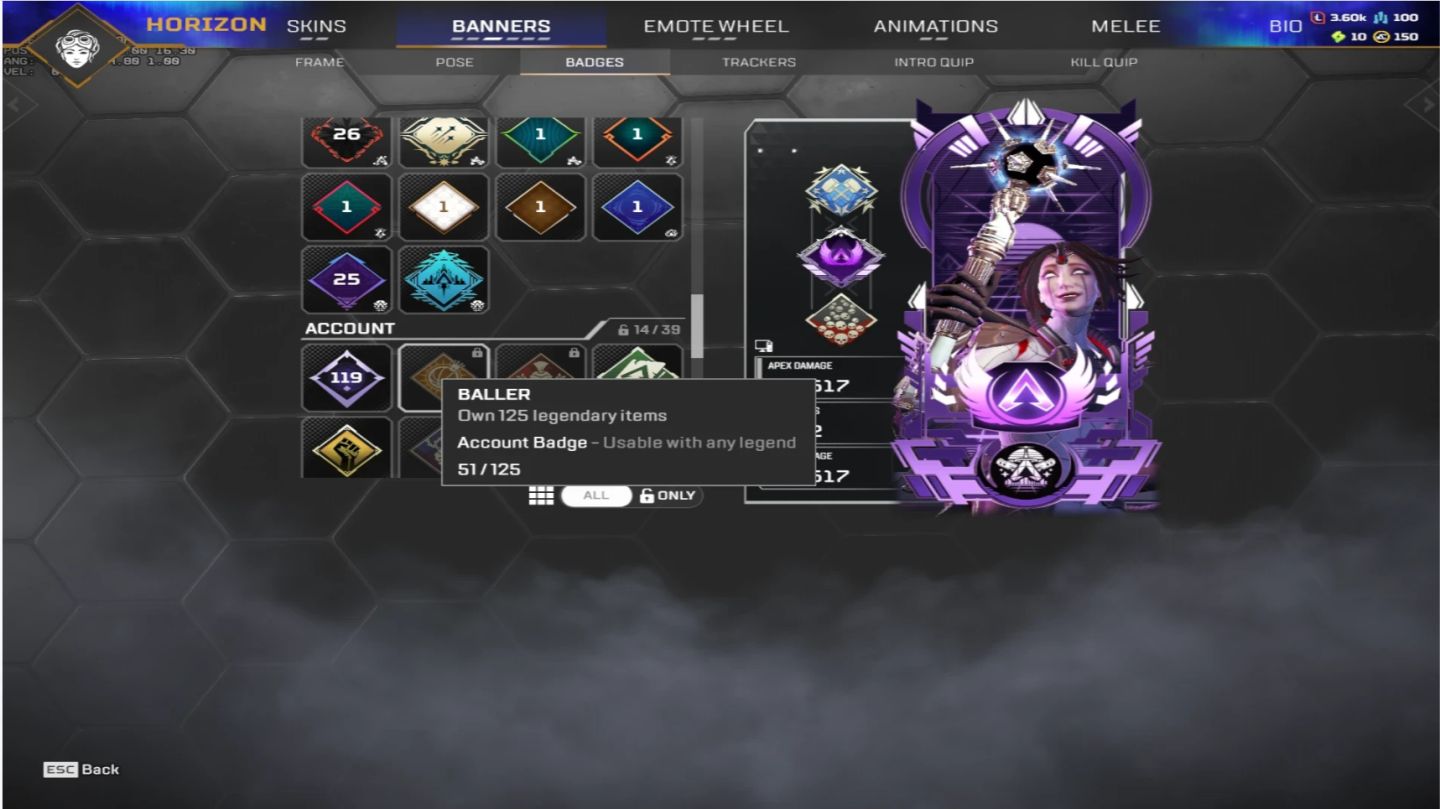 Conta de Apex Legends com Herança da Horizon e Badge Rara de Master/mestre