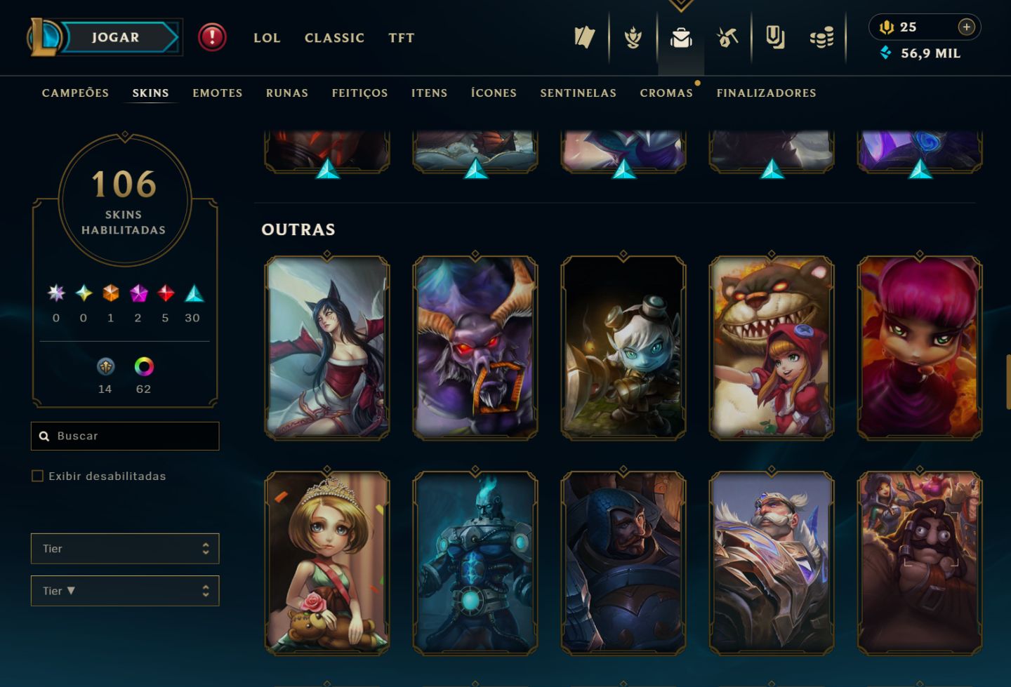 Conta LoL LVL298 Todos campeões 106 Skins 64 Cromas Plat 4
