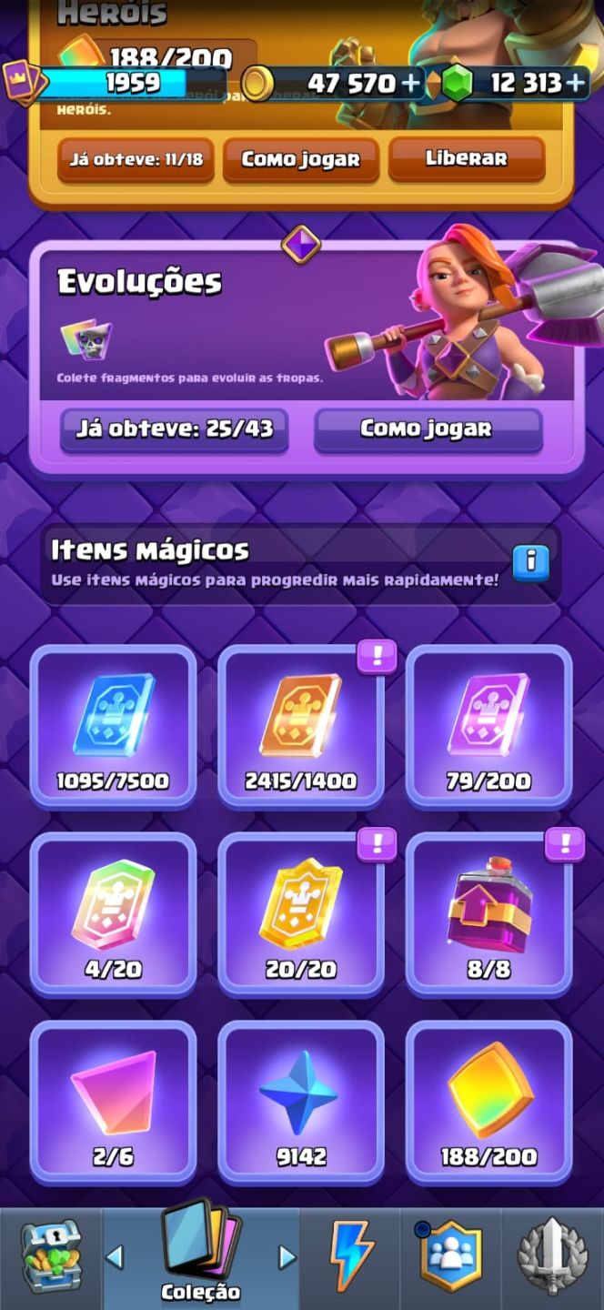 14K TROFÉUS - 25 EVO - 11 HEROIS - 12.3K GEMAS - 173 EMOTES - 53 CARTAS MAX