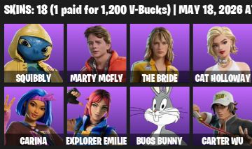 Conta Fortnite 18 Skins | Marty McFly, Bugs Bunny, The Bride