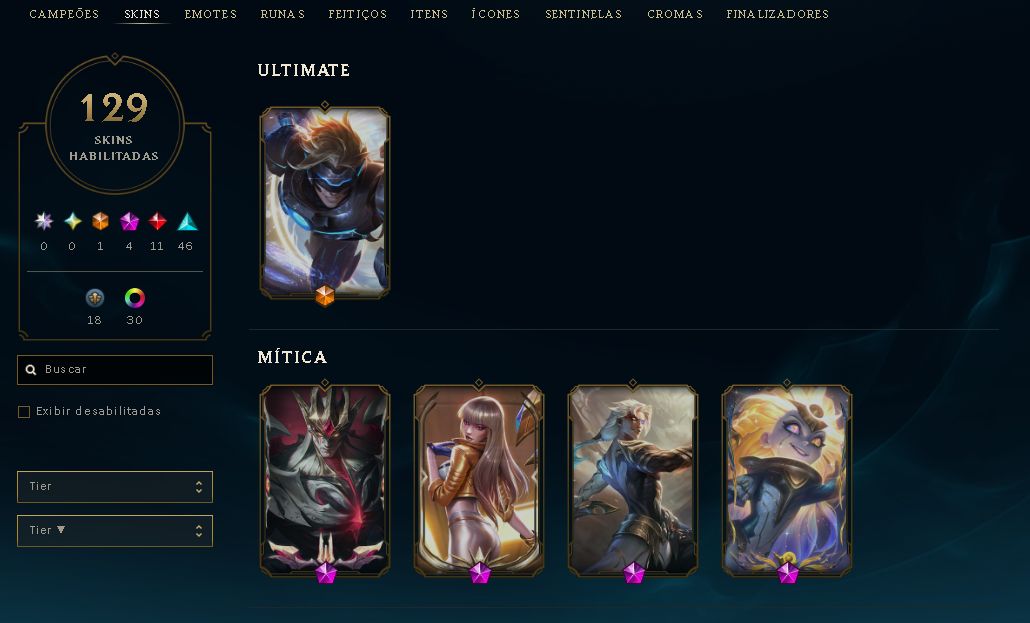Conta LoL Nível 223 | 129 Skins | 4 Míticas + 1 Ultimate | Desde 2017