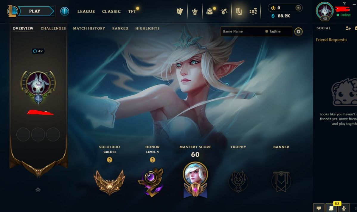 Conta Lol GOLD 2 - 59 Pdl - 34 Campeões - 88K de Essencia Azul