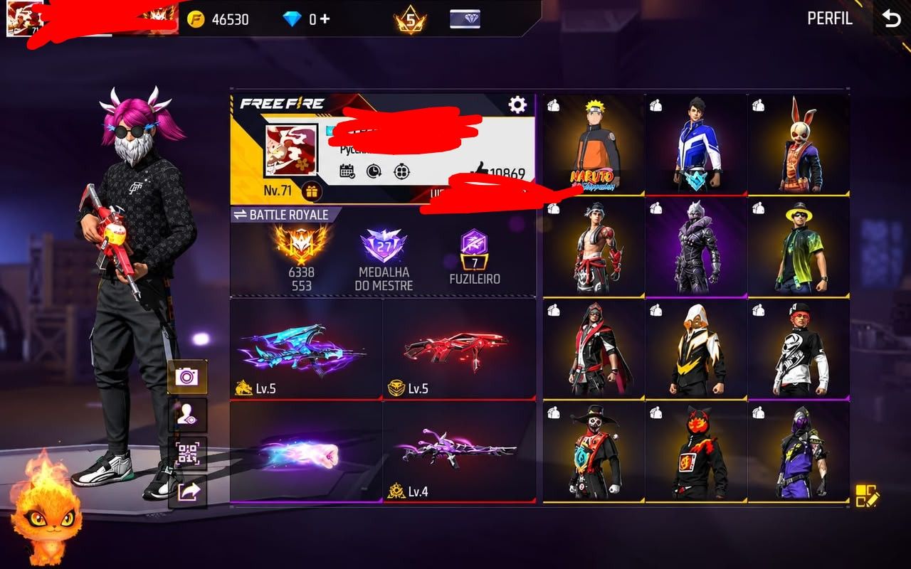 CONTA DE FREE FIRE BRABA COM SKIN NARUTO E MUITO MAIS