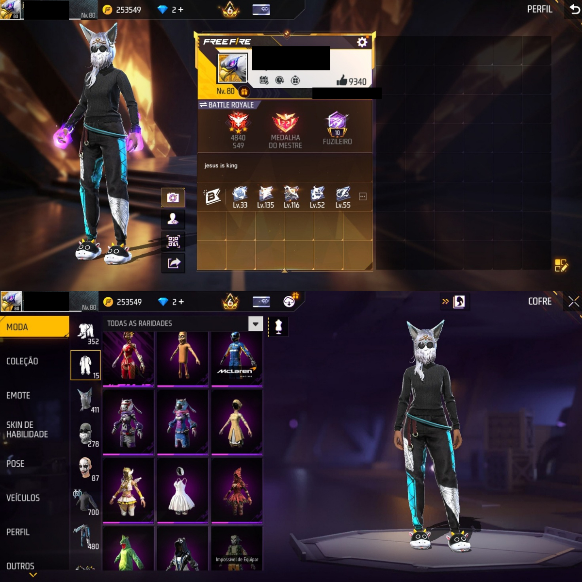 CONTA FREE FIRE LVL 80 COM DIVERSOS ITENS E PASSES ANTIGOS