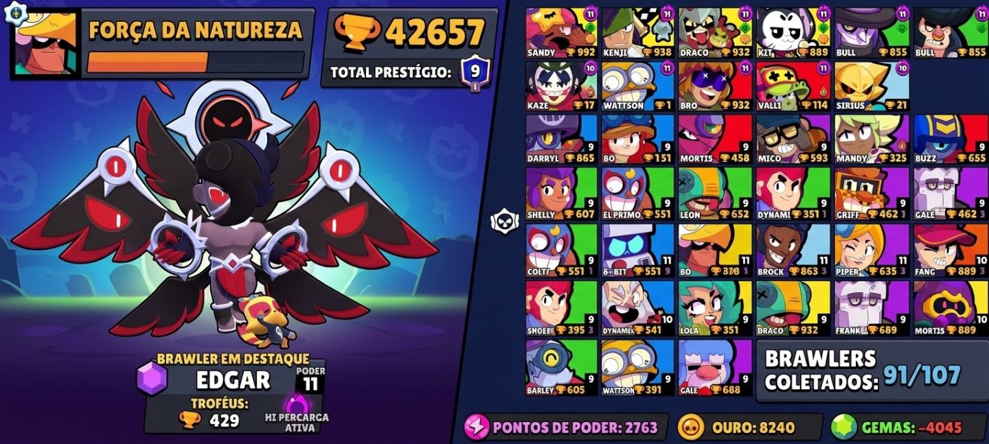Conta de brawl stars com muitas skins raras e quase 50 mil troféus