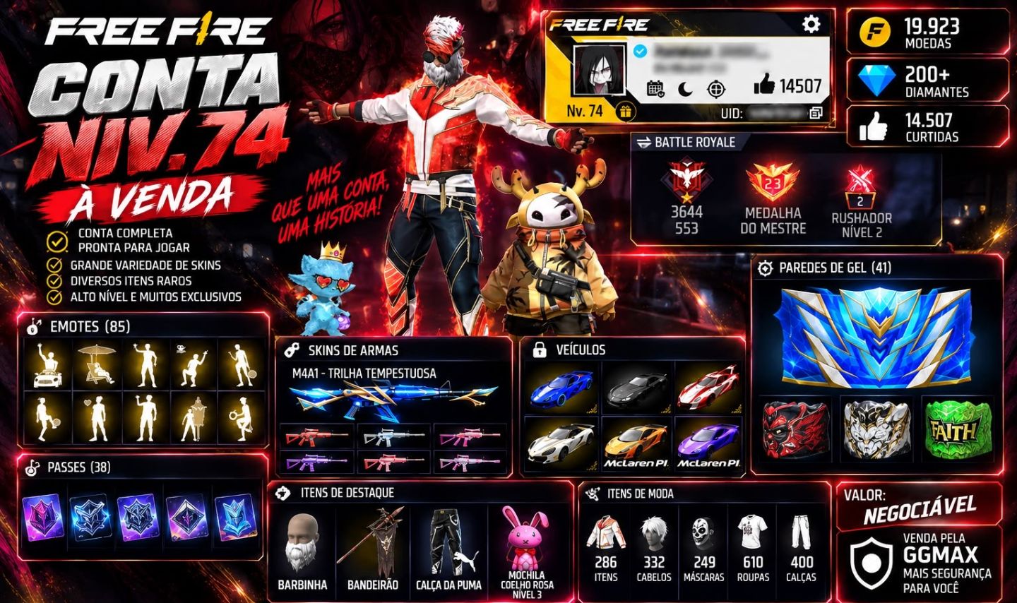 CONTA FREE FIRE NIV. 74 | 85 EMOTES | 286 CONJUNTOS | 41 PAREDES DE GEL