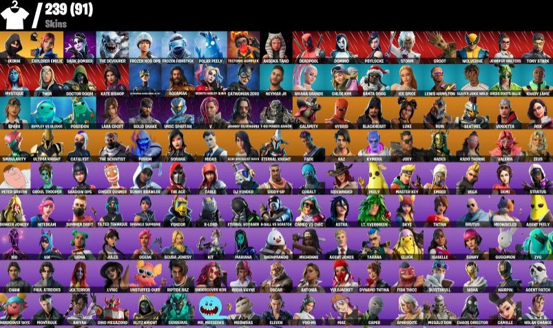 CONTA DE FORTNITE COM 239 SKINS + IKONIK + MARVEL + LARA CROFT + TRYHARD