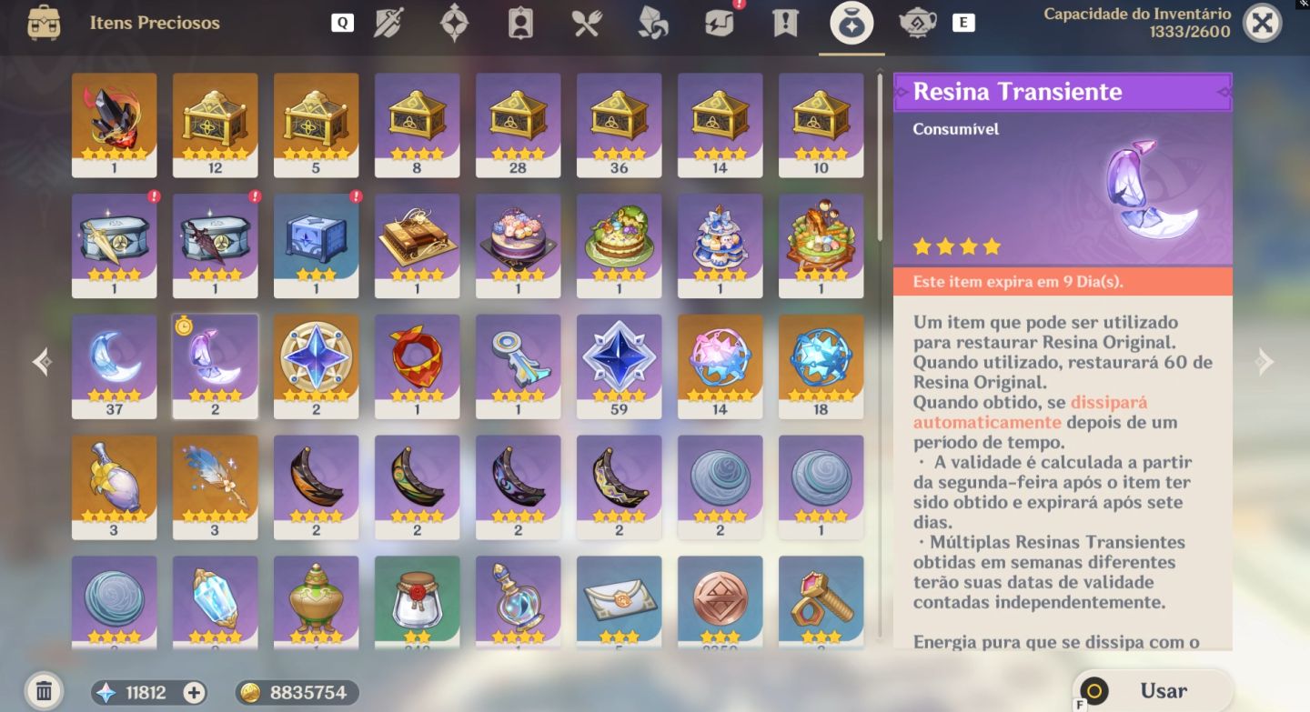 Dehya C6 lv95, Yae Miku C5, Diluc C5, Ganyu C3 37 Resinas Frágil. Ganyu com skin
