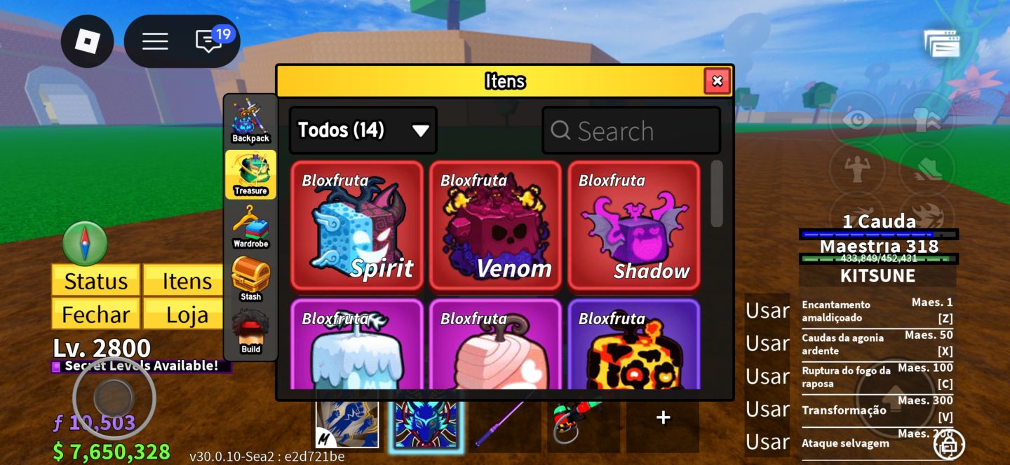 CONTA LVL MAX (2800) + KITSUNE EQUIPADA + SPIRIT/VENOM NO BAÚ