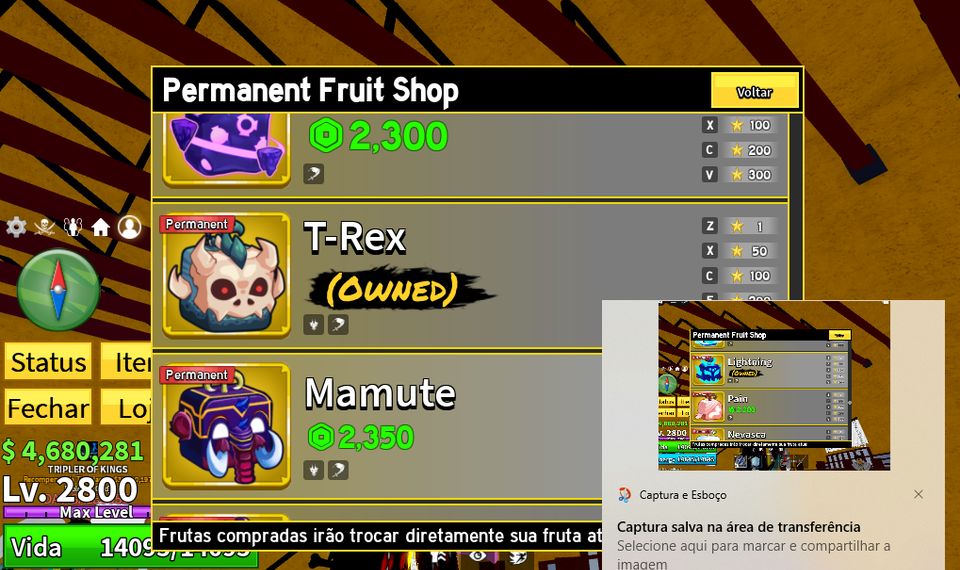 CONTA BLOX FRUITS | 4 FRUTAS PERMANENTES ICE LIGHTNING T-REX