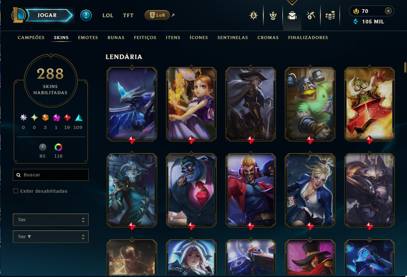 Conta LoL Esmeralda atual, 2013, 288 Skins, Todos Campeões