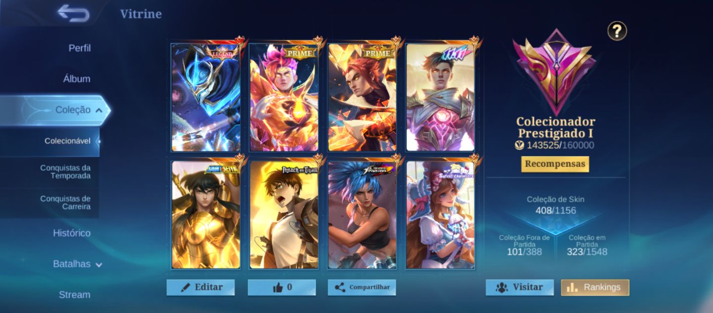 Menor preço Conta mlbb prime yu zhong e claude, legends... 408 Skins.
