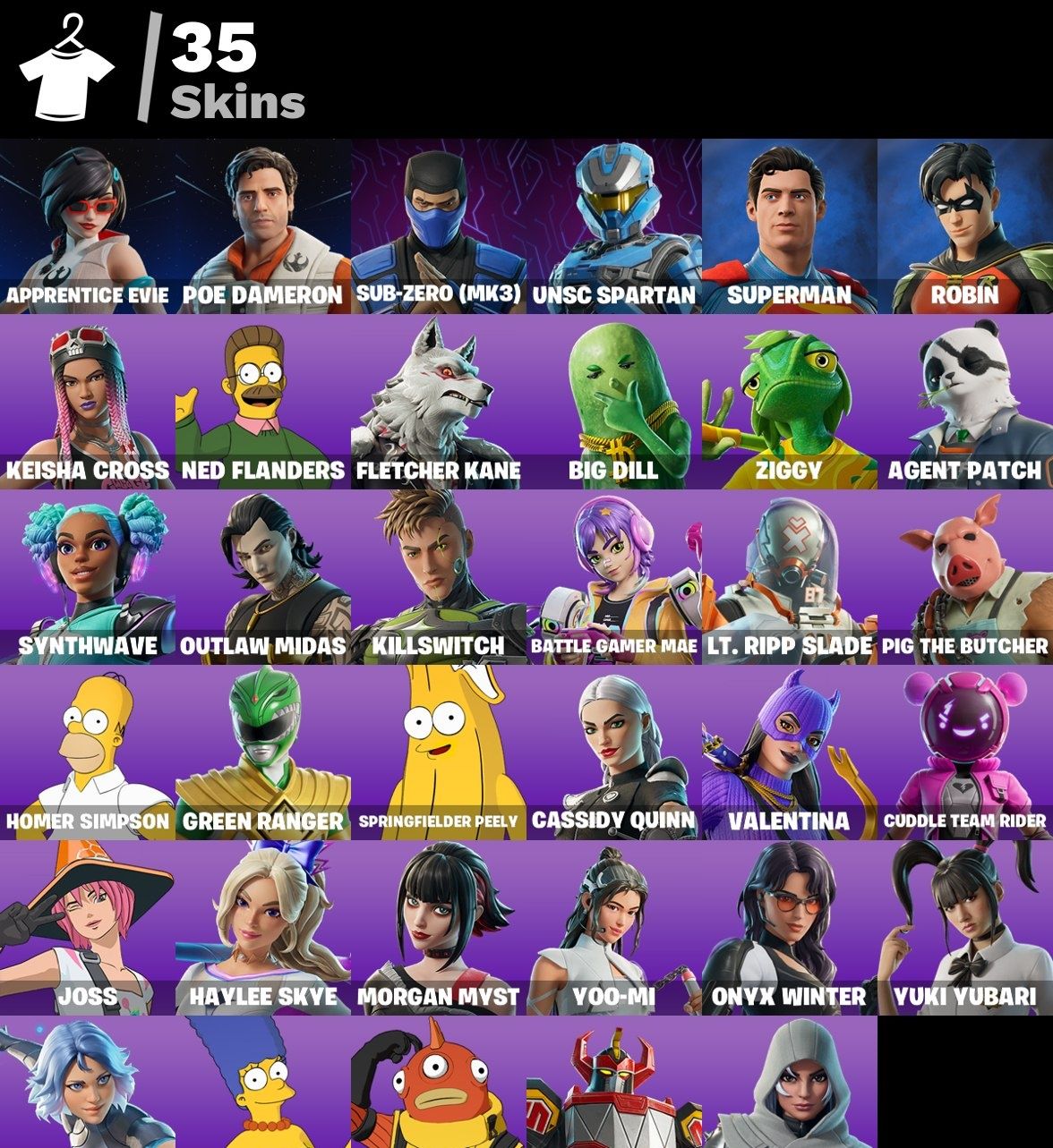 CONTA FORTNITE 35 SKINS/ OUTLAW MIDAS /HOMER SIMPSON /POWER RANGER/ ZIGGY / BIG