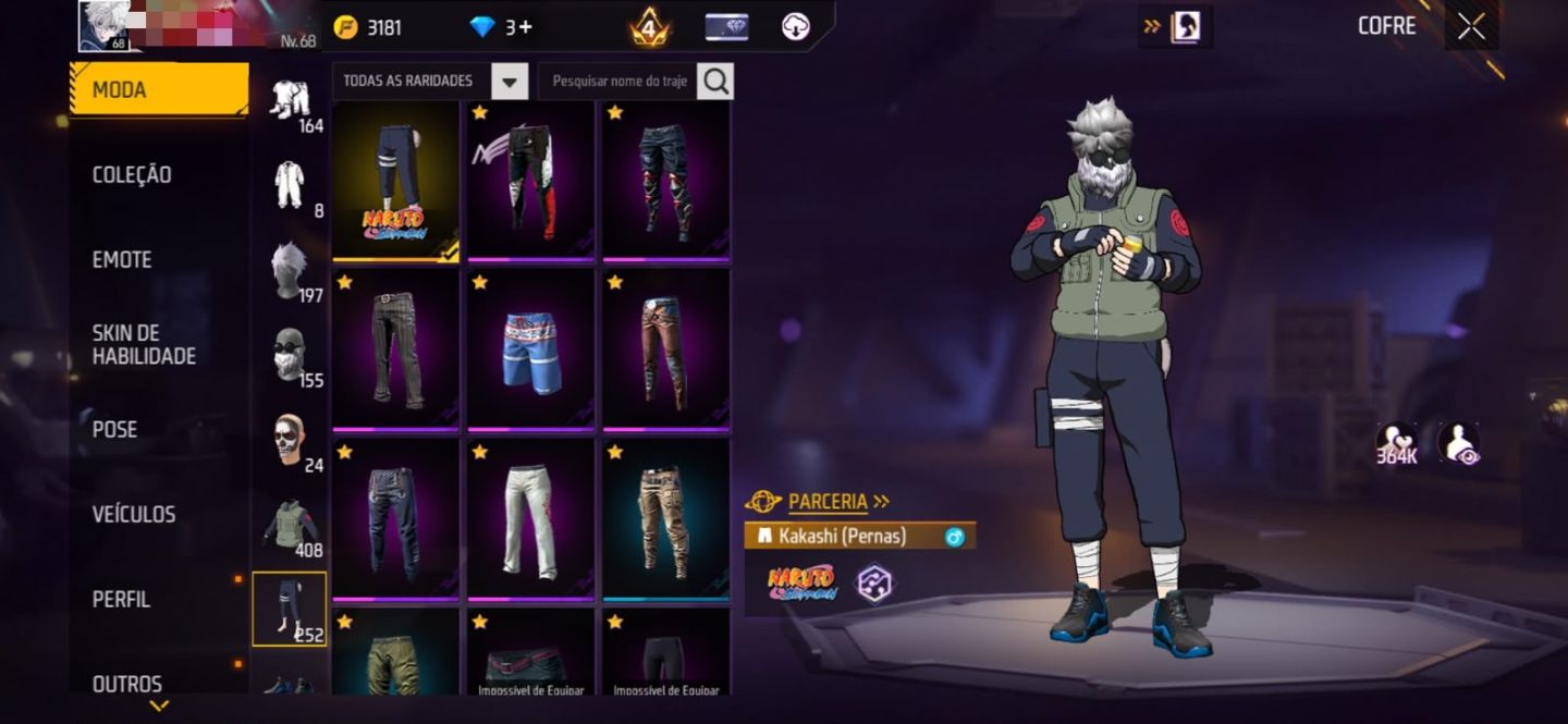 CONTA FREEFIRE COM TODAS AS SKINS DE NARUTO E ARMAS ATRIBUTADAS
