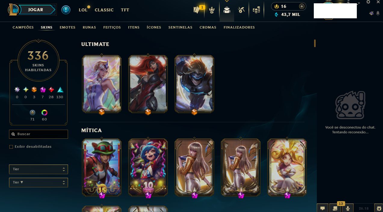 CONTA LOL + TFT + VALORANT (SKINS MITICAS/LENDÁRIAS/LIMITADAS)