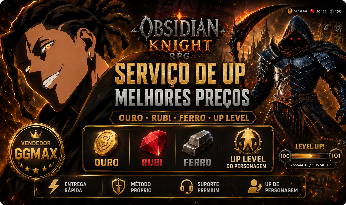 SERVIÇOS OBSIDIAN KNIGHT RPG | OURO + RUBI + FERRO + UP LEVEL | ANDROID APENAS