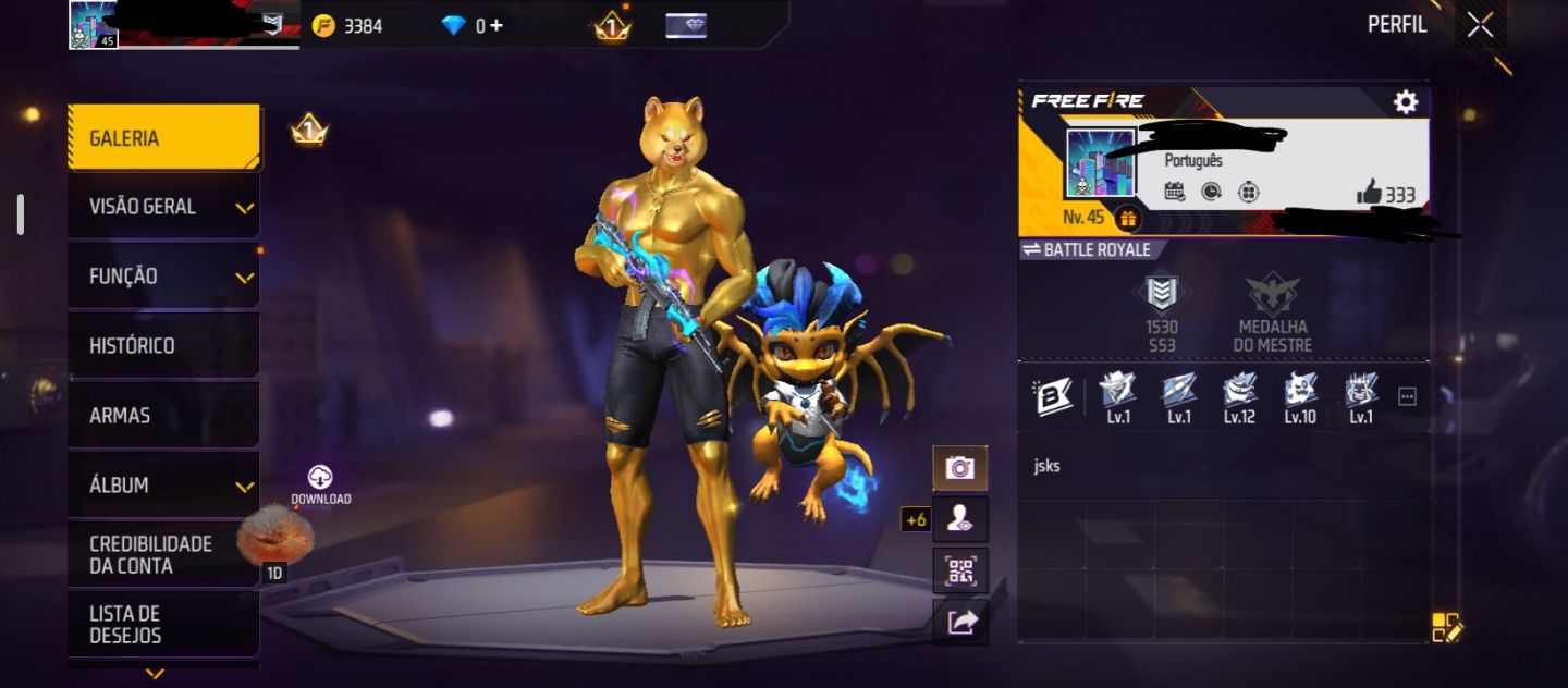 Conta de Free fire nível 45 muito rara com 2 armas evolutivas