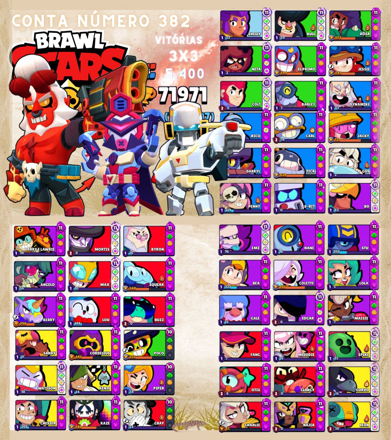 Contas de Brawl Stars Upadíssimas com vários troféus e Skins