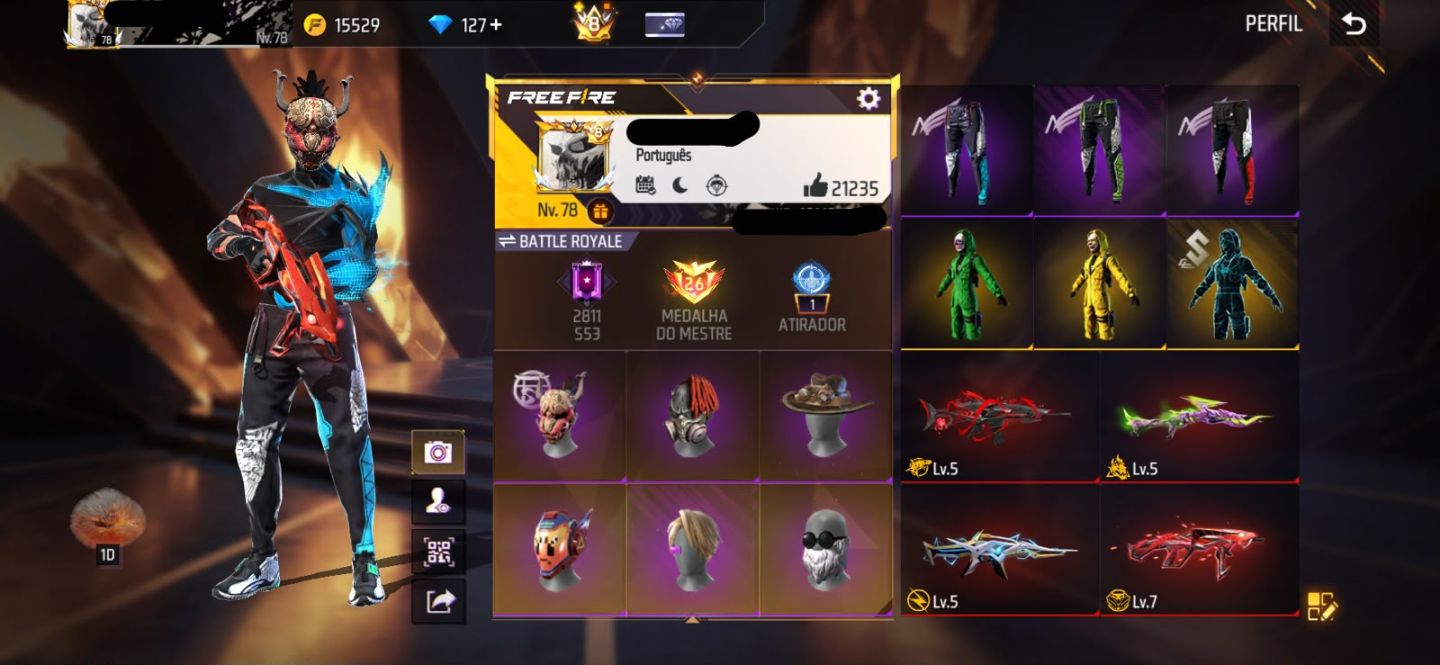 Conta free fire gemada com primeiro terceiro setimo passe 970 peitorais prime 8