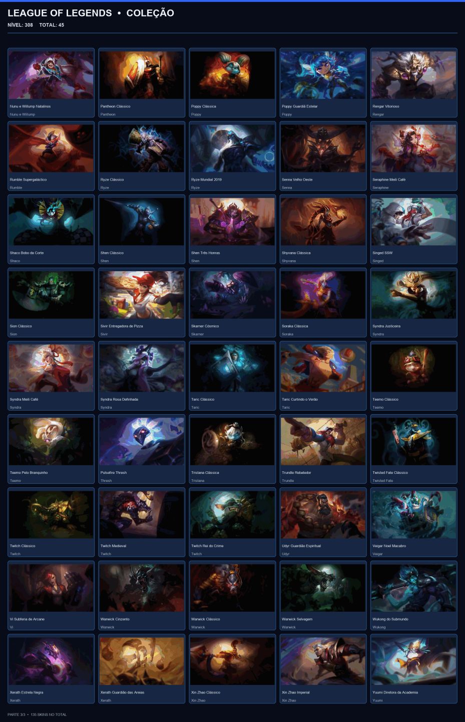 CONTA OURO 1 / 135 SKINS / NIVEL 308 / HONRA 4 / 149 CHAMPS / EMAIL ALTERAVEL