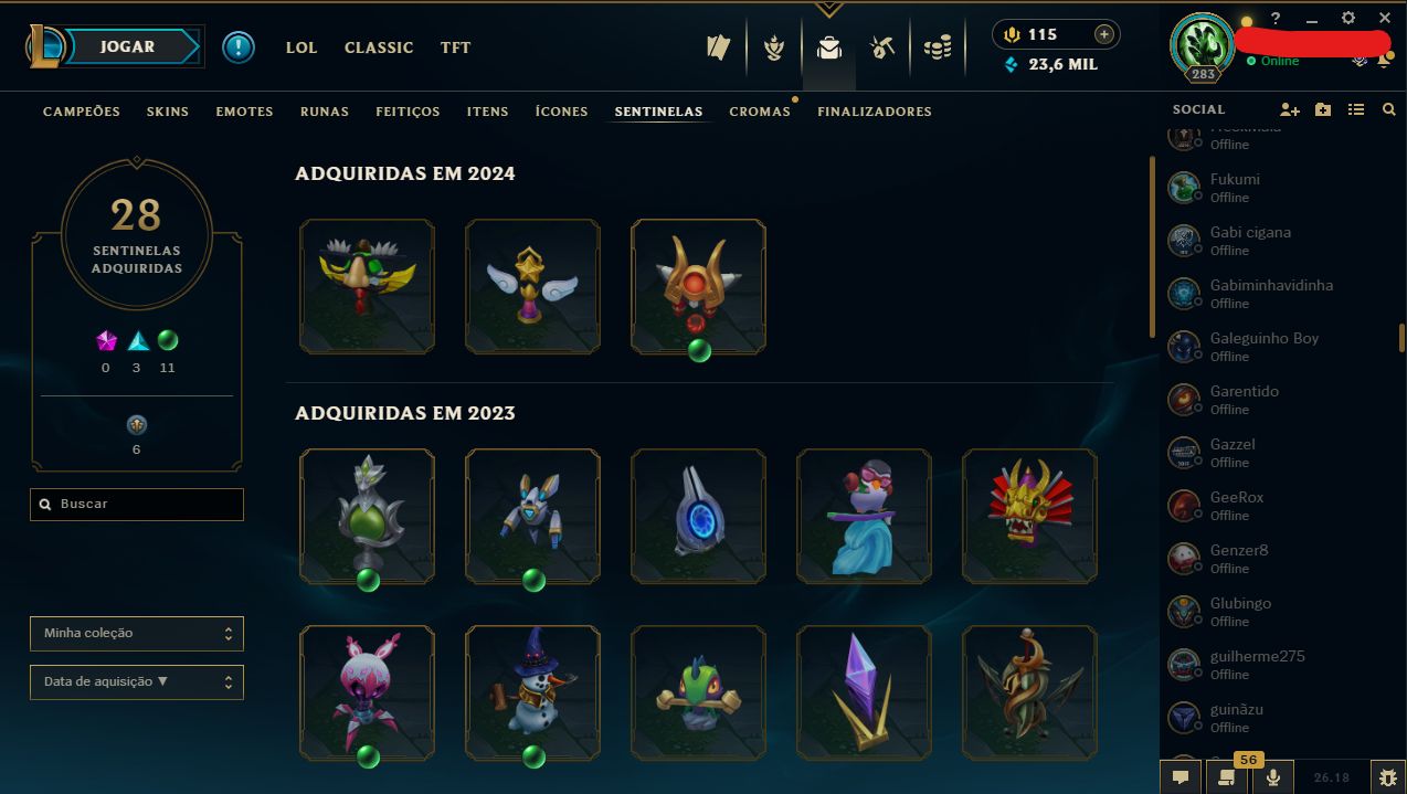 CONTA LOL LVL 283 | 196 SKINS | 239 ÍCONES