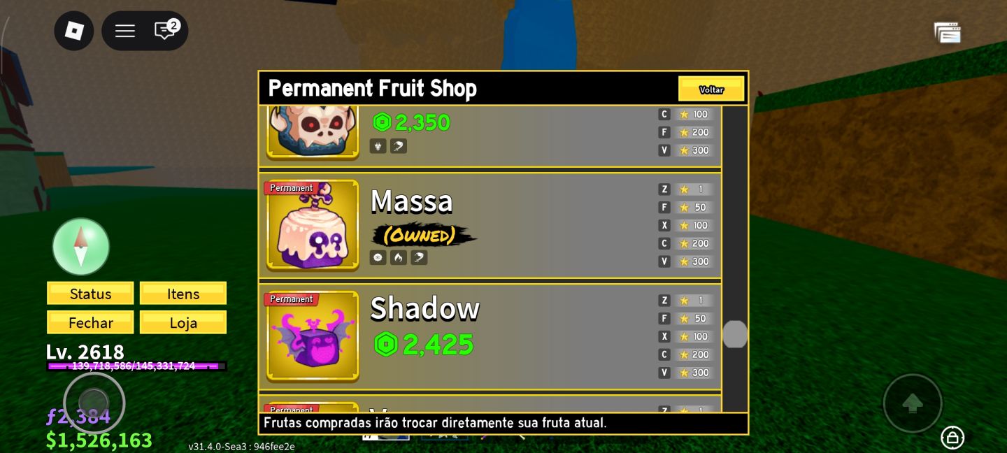 Conta Blox Fruits Quase Full game pass (Skin limited no Roblox Custando 4k!!)
